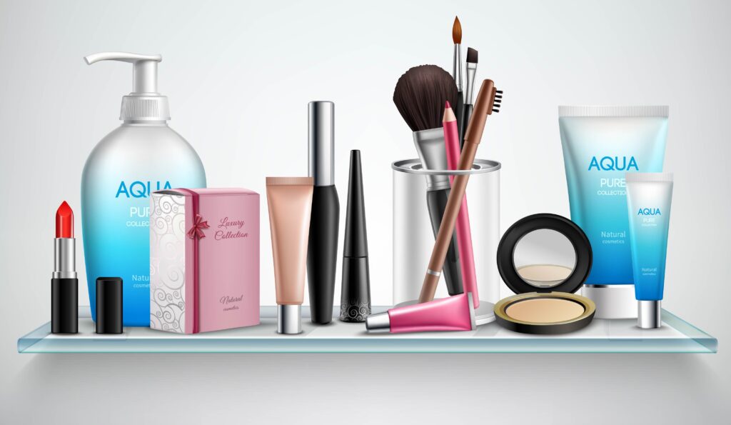 Makeup cosmetics accessories and beauty moisturizing products on bathroom